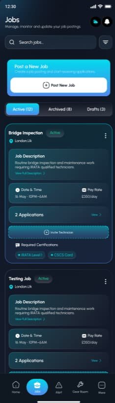 The Jobs screen in the RAT Work app, listing active job postings